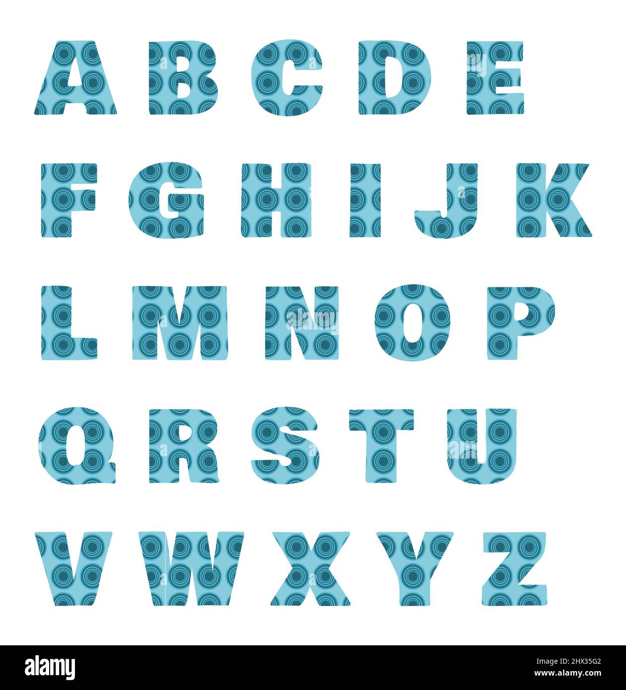 Alfabeto fatto con cerchi blu con uno sfondo bianco Illustrazione Vettoriale