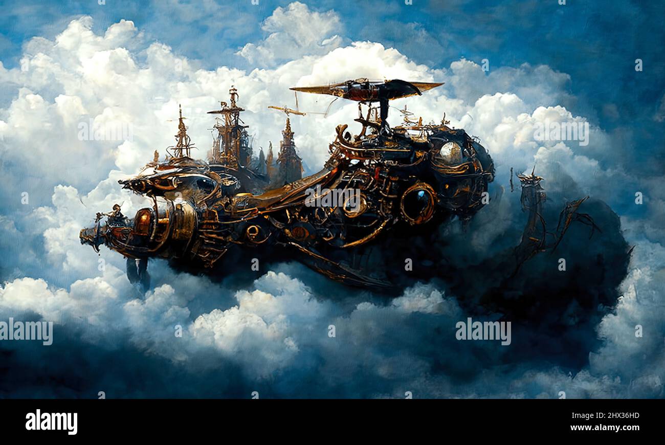Una nave volante steampunk arra i cieli attraverso le nuvole Foto stock -  Alamy