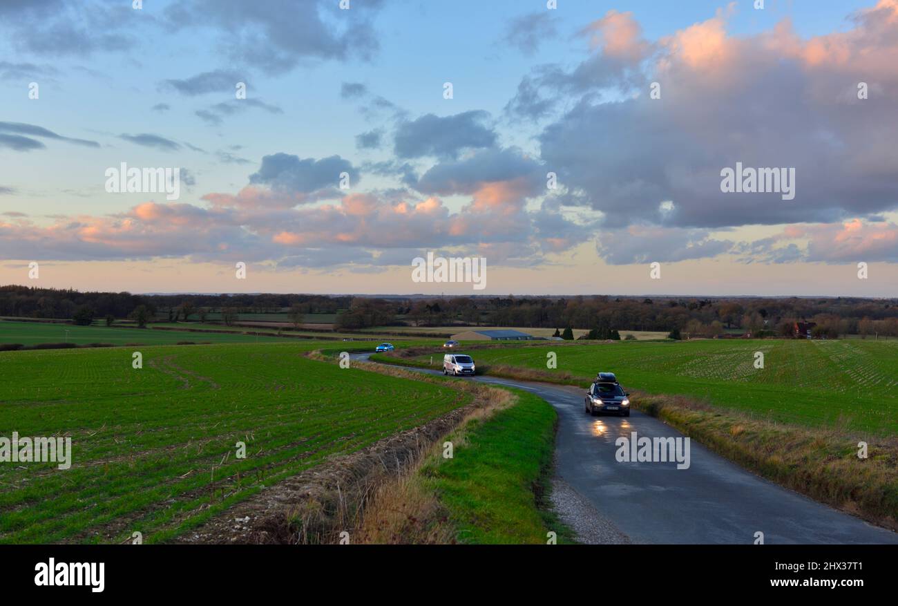 Piccola corsia di campagna che si snoda attraverso la campagna dell'Hampshire fuori Basingstoke, Regno Unito, in prima serata Foto Stock