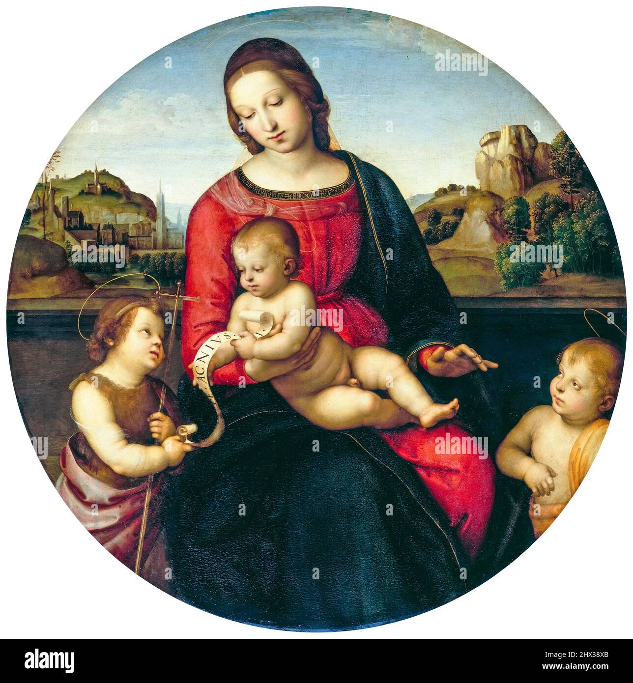 Raffaello, Madonna Terranuova, (Madonna col Bambino, San Giovanni e un Bambino), dipinto in olio su legno, 1504-1505 Foto Stock