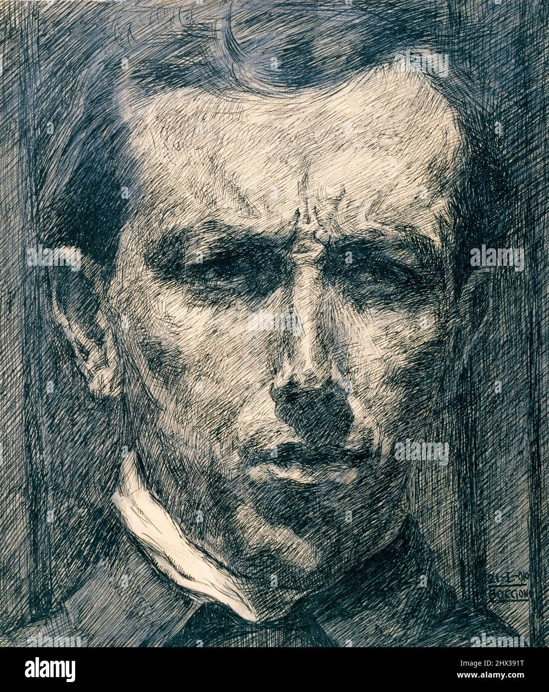 Umberto Boccioni (1882-1916) Autoritratto del pittore e scultore futurista italiano, disegno a inchiostro con lavaggio e grafite su carta, 1910 Foto Stock