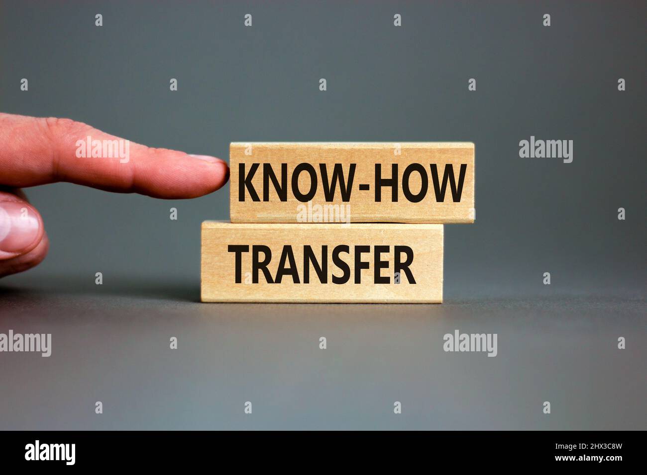 Simbolo di trasferimento del know-how. Concetto parole know-how trasferimento su blocchi di legno su bello grigio tabella sfondo grigio. Mano dell'uomo d'affari. Spazio di copia. Busi Foto Stock