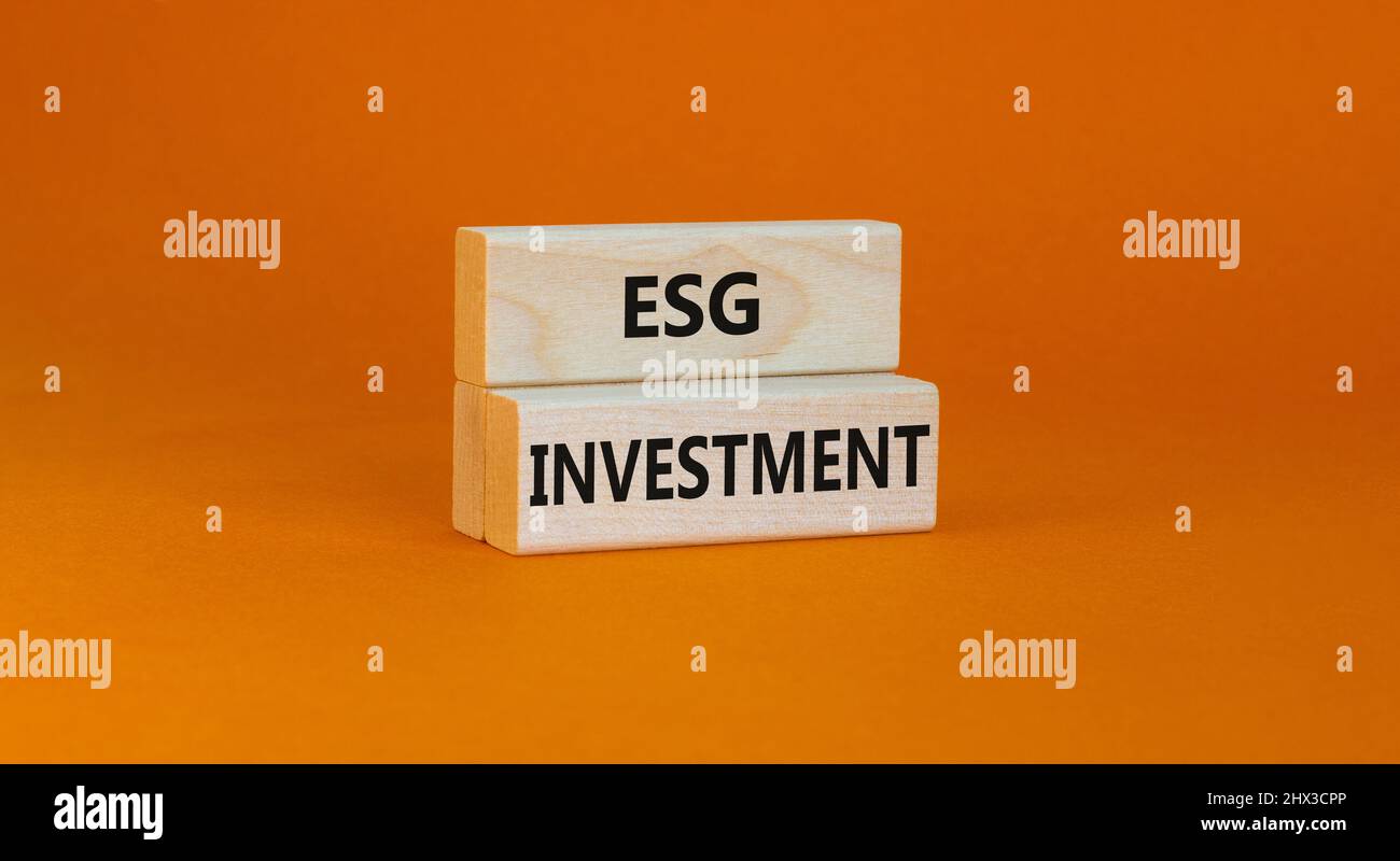 ESG ambientale sociale governance simbolo di investimento. Concetto parole ESG investimento su blocchi su una bella tavola arancione sfondo arancione. Affari, Foto Stock