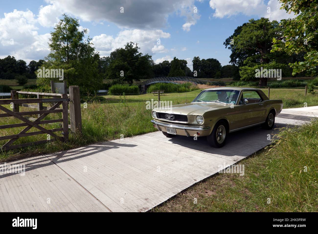 A Gold, 1966, Ford Mustang Coupe, in mostra al London Classic Car Show 2021 Foto Stock