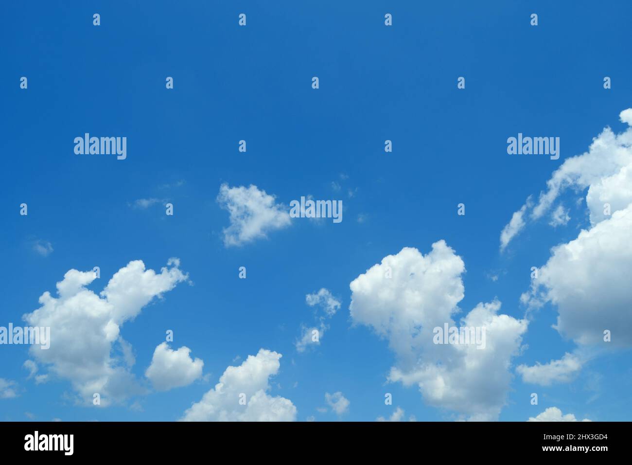 Nuvole nel cielo blu. Cielo chiaro. Nuvole bianche nel cielo blu bello. Cielo blu con nuvole bianche sullo sfondo. Nuvole bianche e soffici in blu Foto Stock