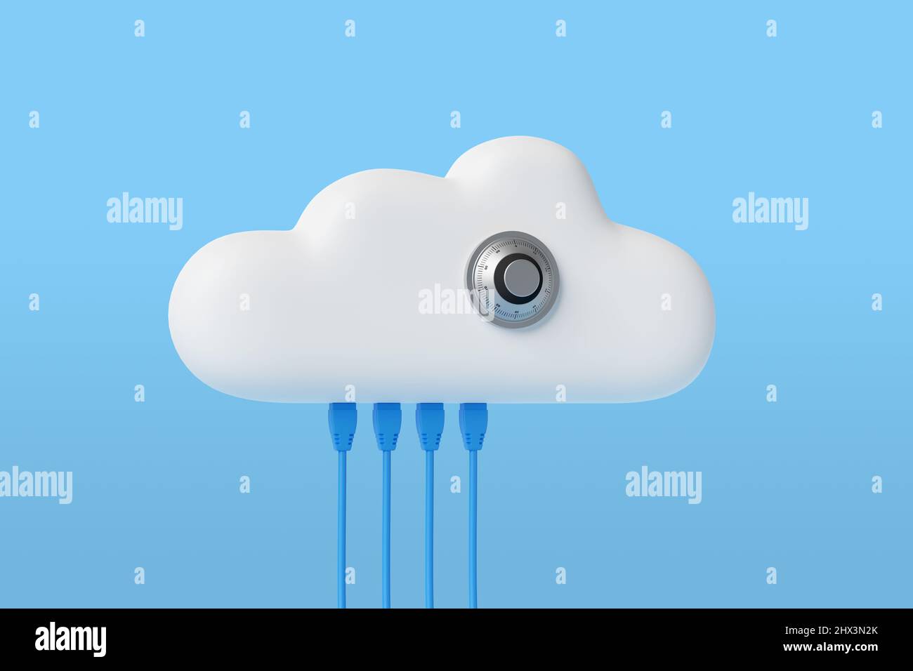 Cloud cartoon con cavi di rete collegati e blocco di sicurezza. Concetto di sicurezza. 3d illustrazione. Foto Stock