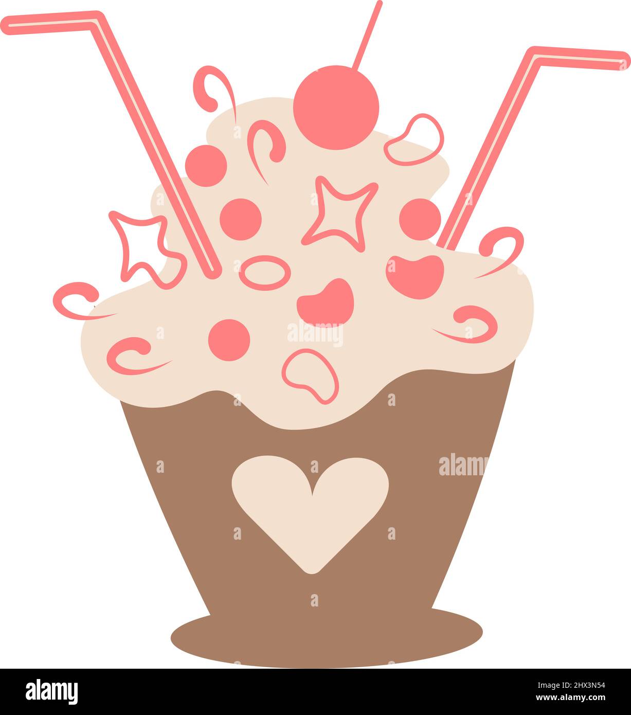 Dessert al caffè in una tazza con motivo a forma di cuore con decorazioni e paillette per un cocktail in stile cartone animato. Stile di vita. Isolare. Illustrazione vettoriale. Illustrazione Vettoriale