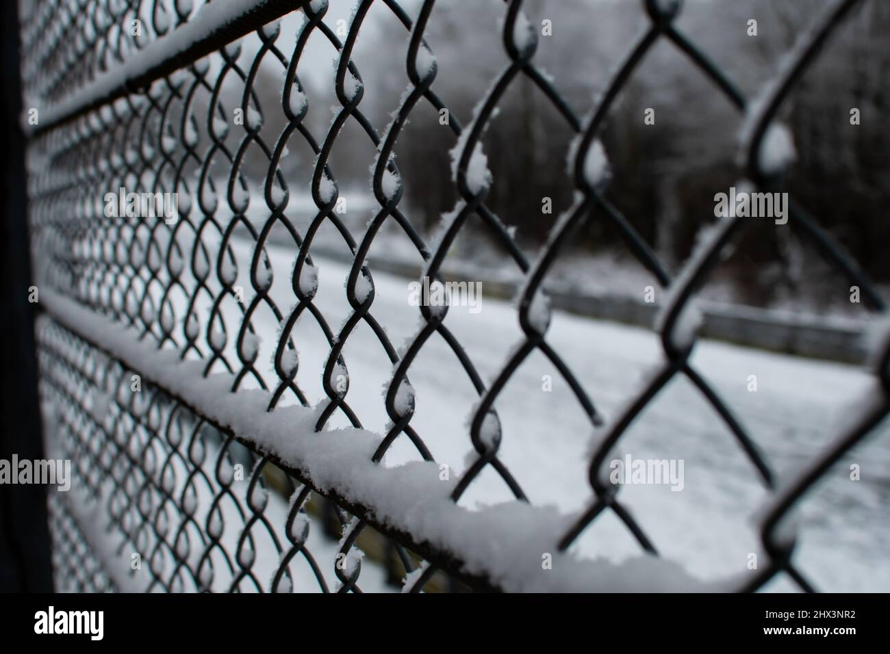Un recinto catena-maglia che è congelato e innevato dentro Foto Stock