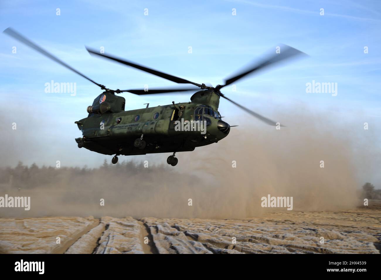 Elicottero Chinook volo basso in un ambiente sabbioso, olandese Air Force CH-47 Chinook Foto Stock