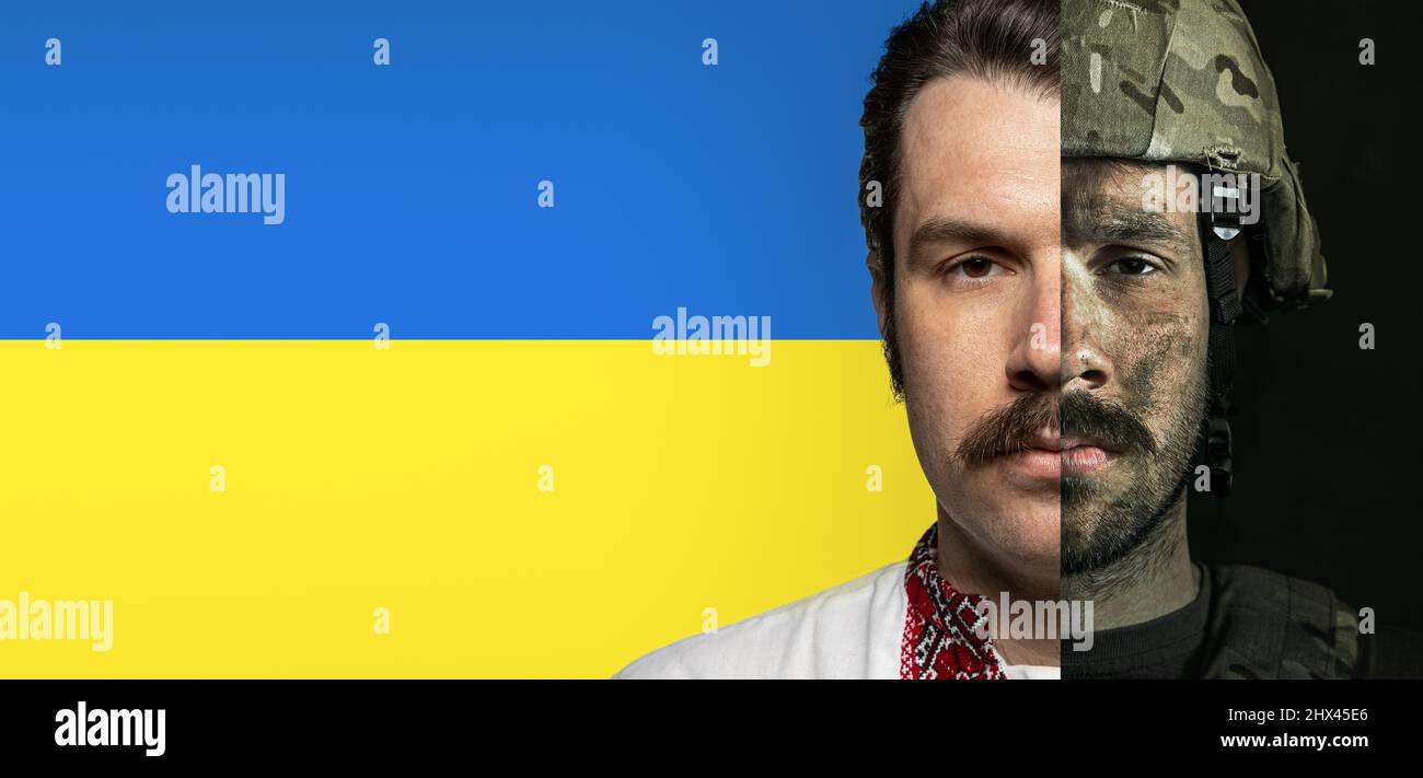 Coraggio. Ritratti a mezza faccia di uomo serio in uniforme militare e maglia ricamata nazionale Ucraina vyshyvanka Foto Stock