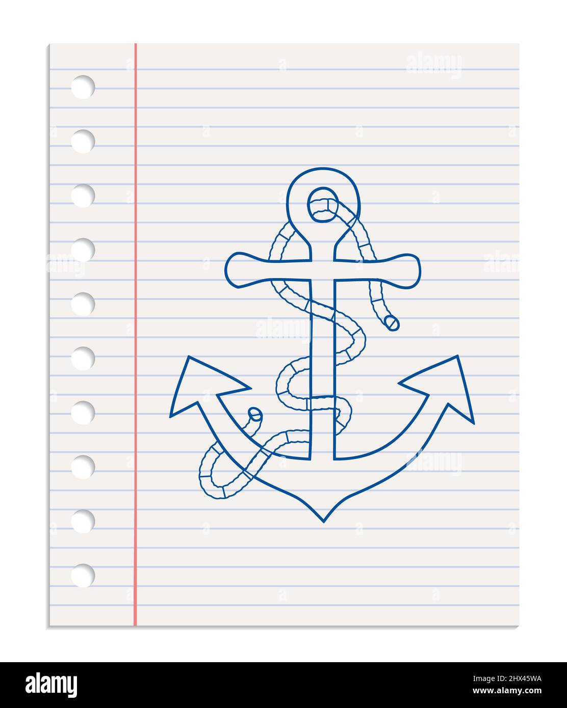 Icona simbolo di ancoraggio, foglio realistico di carta rivestita da un notebook, carta strappata da un blocco con fori raster Foto Stock