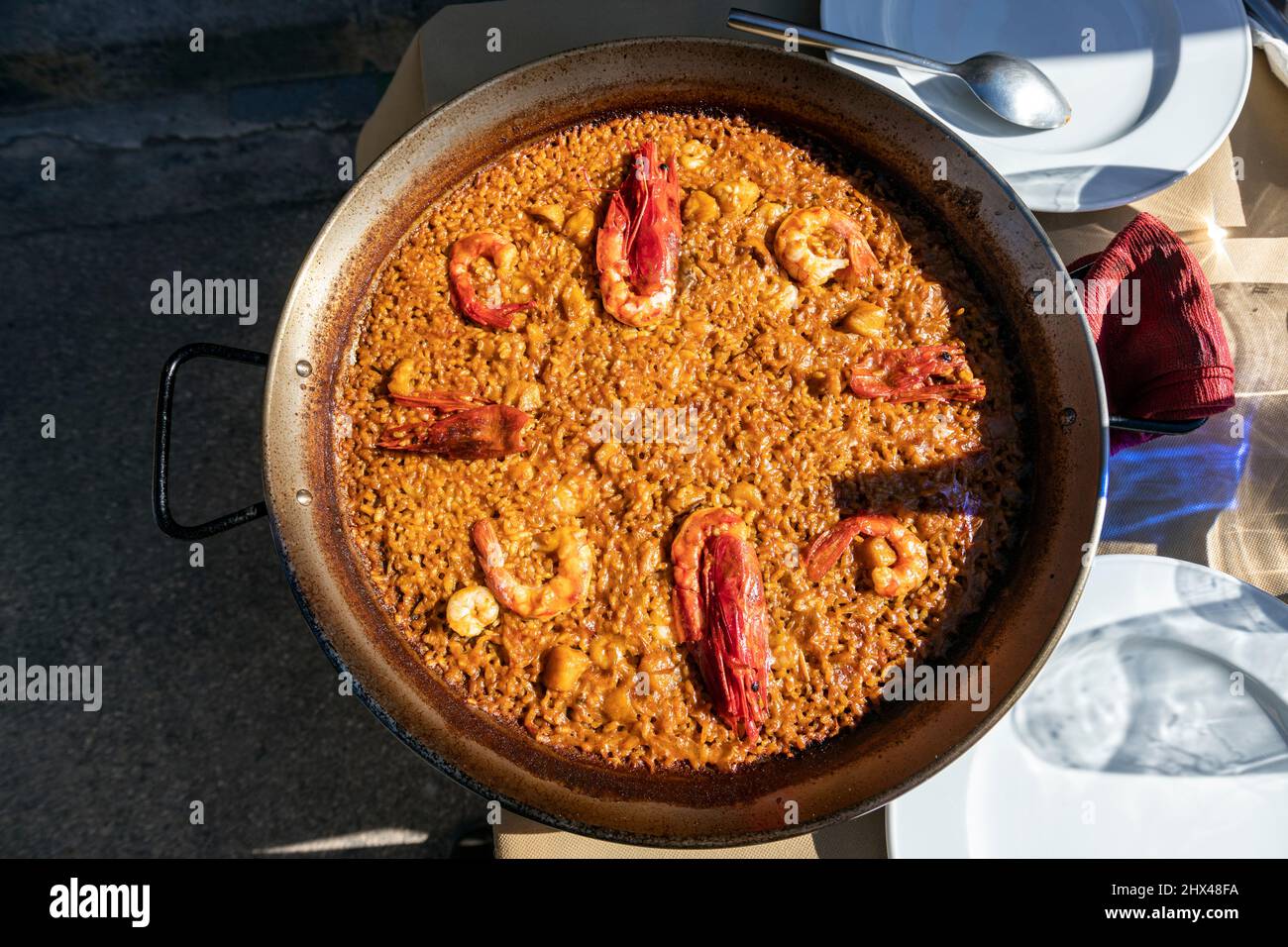 Paella de carabineros, El Palmar, provincia di Valencia, Spagna Foto Stock