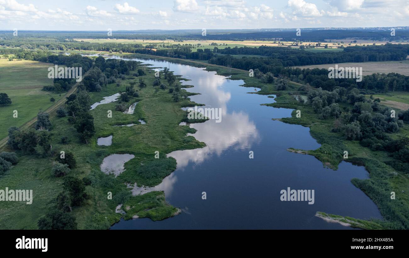 Veduta aerea del fiume Odra vicino a Zielona Góra Foto Stock