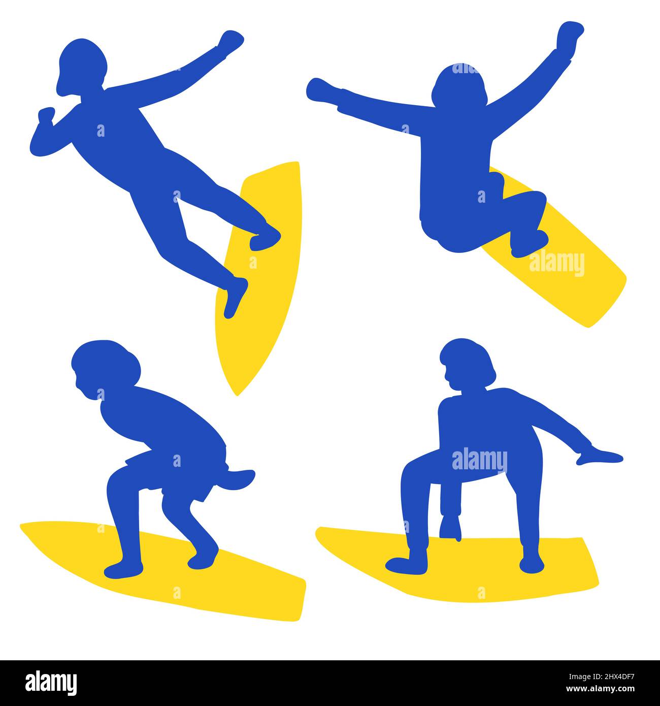 Set di silhouette surfista in disegno vettoriale di colore giallo blu Illustrazione Vettoriale