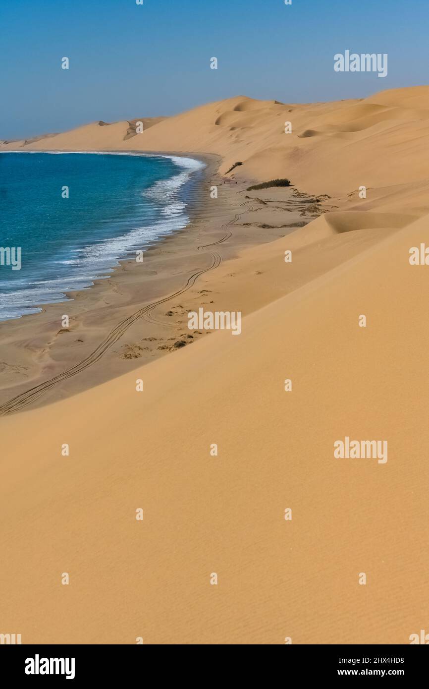 Namibia, il deserto del Namib, paesaggio di dune gialle che cadono nel mare Foto Stock