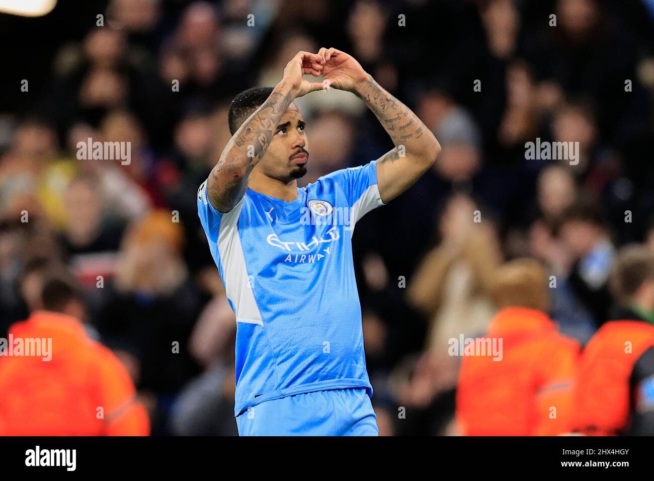 Gabriel Jesus #9 di Manchester City celebra prematuramente il suo impegno essendo escluso dal VAR Foto Stock