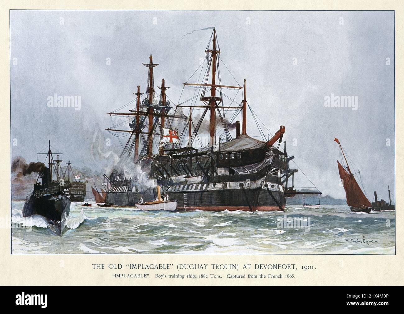 Royal Navy addestramento nave, HMS implacabile, una nave di terza classe a 74 cannoni della linea della Royal Navy. Originariamente era la nave della linea Duguay-Trouin della Marina francese di classe Téméraire, lanciata nel 1800. Foto Stock