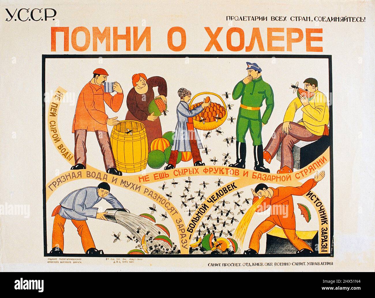 Pratiche disigieniche che portano al colera. Litografia a colori. Direzione sanitaria militare Ucraina, Dipartimento di illuminazione sanitaria, Kiev. 1921. Foto Stock