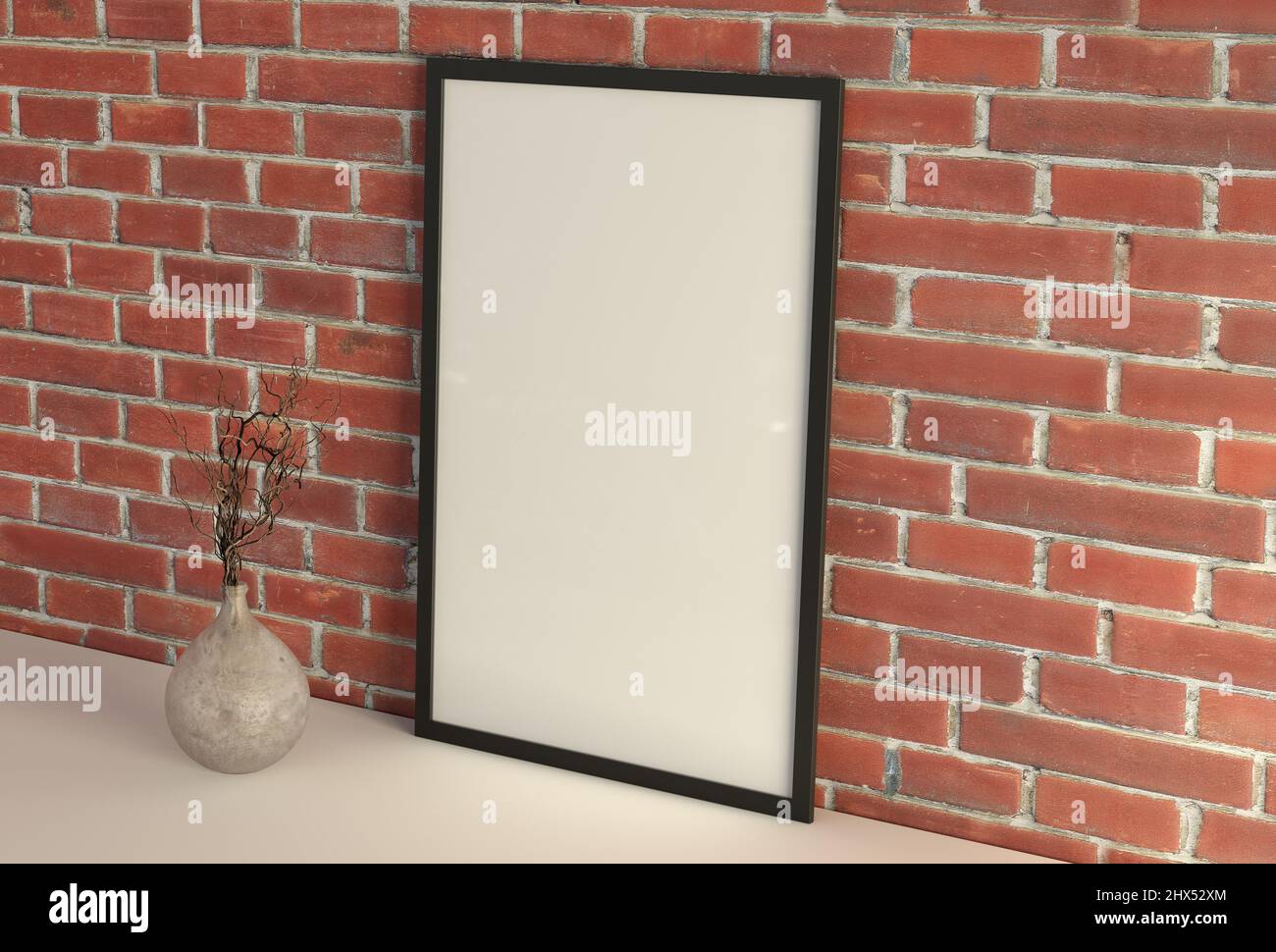 Poster con cornice verticale modellato sul tavolo bianco con parete in mattoni rossi sullo sfondo Foto Stock