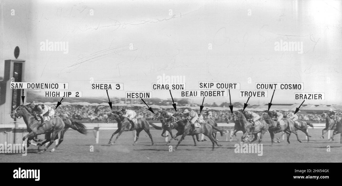 Sfida Stakes, 6 furlong. San Domenco 1, High Jip 2, Sheba 3, Hesdin, Crag son, Beau Robert, Skip Court, Trover, Conte Cosmo, Brazier. Gennaio 29, 1950. Foto Stock