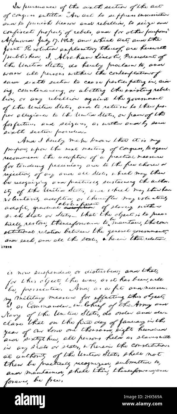 Questa copia di due pagine della collezione resa pubblica alla Biblioteca del Congresso di Washington, 26 luglio, è la prima bozza del famoso annuncio di Emancipazione di Abraham Lincoln. Luglio 27, 1947. (Foto di stampa associata). Foto Stock
