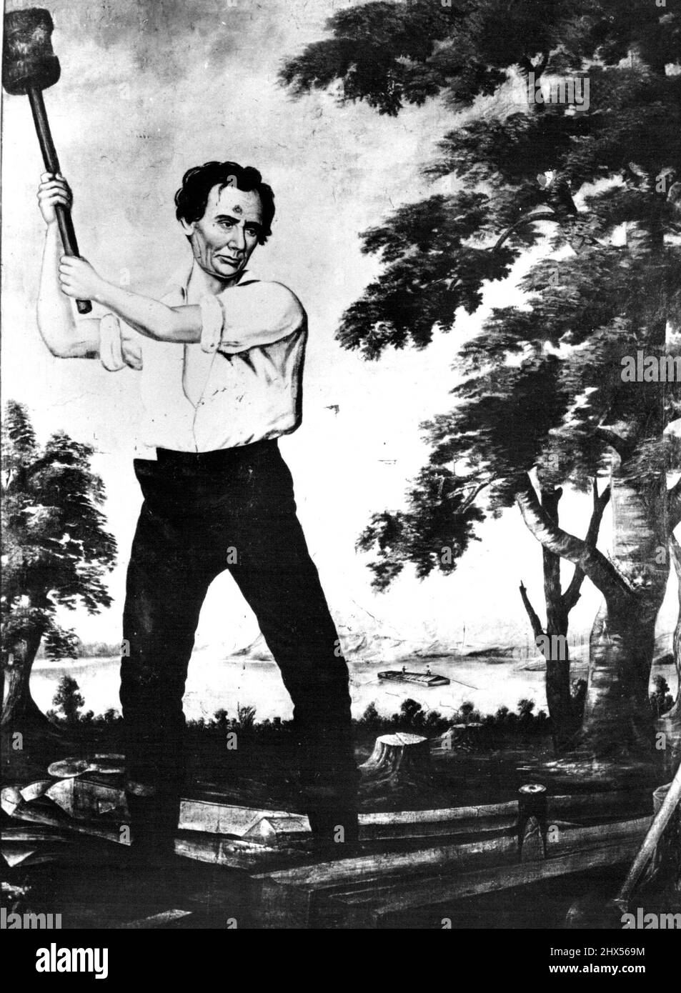 Lincoln il Railsplitter -- questo dipinto ad olio di 'Lincoln il Railsplitter' è stato pubblicato dalla Rutgers University in 'The Lincoln Reader' di Paul M. Angle oggi, febbraio 8th. Angle, noto Lincoln studioso e capo della Chicago Historical Society dice molto poco è conosciuto con certezza su questa tela. Molti anni fa apparteneva a James Monroe Justice, di Logansport, Indiana, che morì nel 1889. Nel 1895 il sig. Justice, due figlie lo prestarono al club Marquette per essere esposti in relazione al compleanno di Lincoln di quell'anno. Gennaio 17, 1947. (Foto di Wide World Photos). Foto Stock