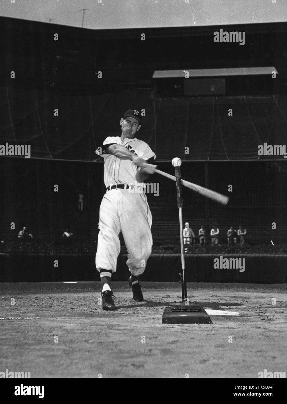 Ted Williams è pagato 125.000 dollari l'anno da Boston Red Sox perché è la migliore pastella del gioco, e tra i migliori mai. Ha un occhio magico, può dire se un passo è anche una frazione di un pollice al di fuori della zona di colpo. Williams è mostrato oscillare ad una sfera su un tee di batting che è usato per studiare le debolezze di batting. Aiuta il coordinamento e il potere. Giugno 26, 1950. (Foto di Look Magazine). Foto Stock