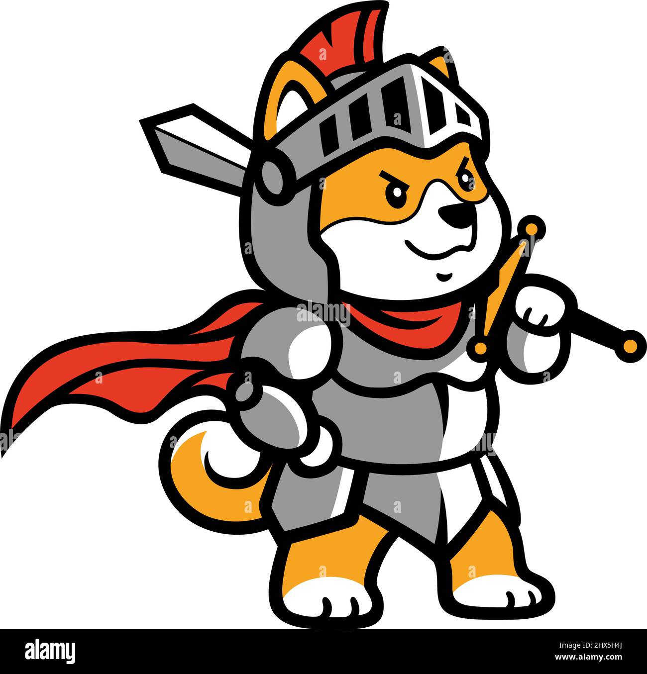 Cute Shiba Inu cane indossare Cavaliere Armor Holding a Sword Illustrazione Vettoriale