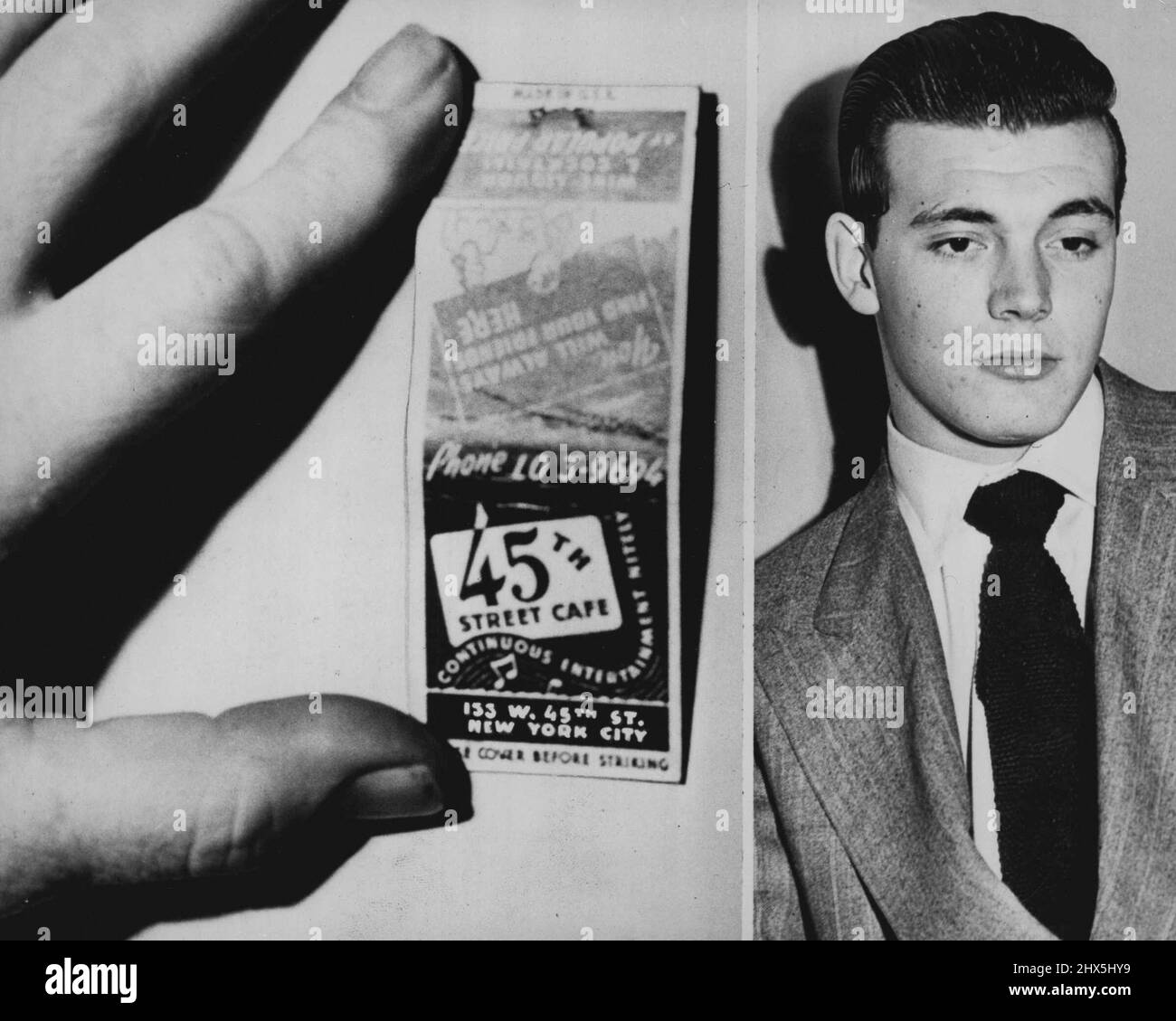 La copertura della partita porta all'arresto della gioventù -- Ralph Edward Barrows (a destra), 19-year-old Michigan gioventù tenuto su un'accusa di omicidi a New York City, novembre 6. Alla morte di Colin Cameron Mackellar, un dirigente tessile canadese di 56 anni, fu arrestato attraverso un indizio fornito da una copertura di partita (a sinistra). La copertina dell'incontro è stata trovata nella suite di Mackellar nel Waldorf Astoria vicino al suo corpo battuto. I filari sono stati arrestati presso la taverna che è stata pubblicizzata sulla copertina del match. Giugno 11, 1948. (Foto di stampa associata). Foto Stock