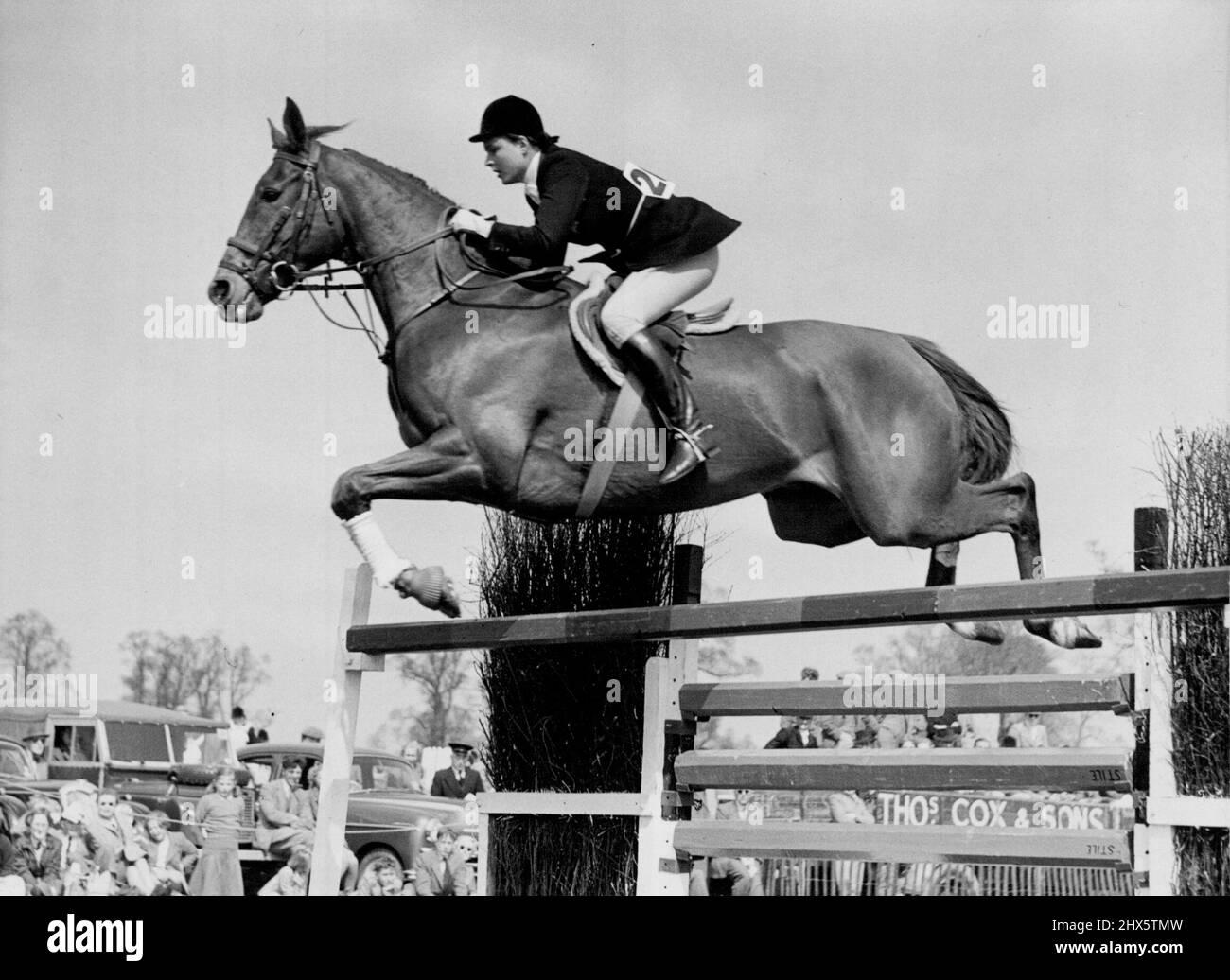 Perfect Teamwork -- Un bel colpo d'azione di perfetto lavoro di squadra come campione di crine Pat Smythe e il suo magnifico cavallo 'Prince Hal' prendere un salto nel loro caratteristico stile facile perfetto, mentre competere nel recente Beaufort Hunt jumping show a Badminton. Il salto di due giorni della Beaufort Hunt si è svolto a Badminton venerdì e sabato 22nd aprile e 23rd. Tra i concorrenti di questo evento è stato il campione britannico show jumper Miss Pat Smythe, Che insieme al suo cavallo altrettanto famoso 'Prince Hall', è una figura familiare a cavallo mostra in tutto il mondo. Aprile 23, 1955. (Foto Foto Stock