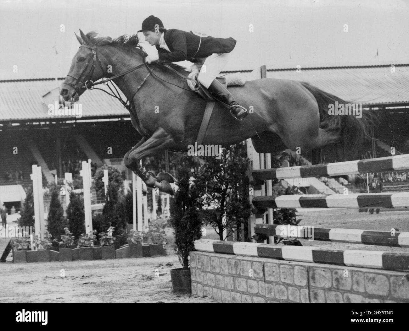 Cancella tutto il senso -- su Prince Hal, ponticello principale di esposizione Miss Pat Smythe fa un tondo chiaro per vincere la competizione di salto delle Signore Debutante al salone internazionale del cavallo al White City Stadium, Londra, oggi (Lunedi). Luglio 20, 1953. (Foto di Reuter Photo). Foto Stock