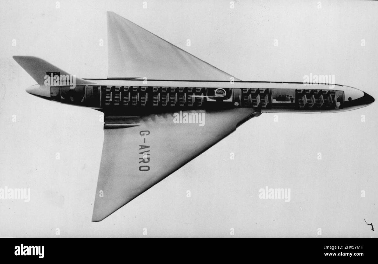 Nuovo aereo di 'Penny A Mile' di Britian -- l'impressione di un artista del nuovo aereo di linea aerea di Avro Atlantic delta-wing turbo-jet della Gran Bretagna - i particolari di cui sono stati annunciati oggi giugno 12. Costruito da A.V. Roe e società limitata l'Atlantico è una modifica del super-priorità Avro 'Vulcan' delta bombardiere. L'Atlantico sarà in grado di volare senza sosta da Londra a New York in cinque/sei ore facile - e al basso costo di esercizio di circa un centesimo per passeggero statutaria miglio è rivendicato. L'aereo navigherà a o Foto Stock