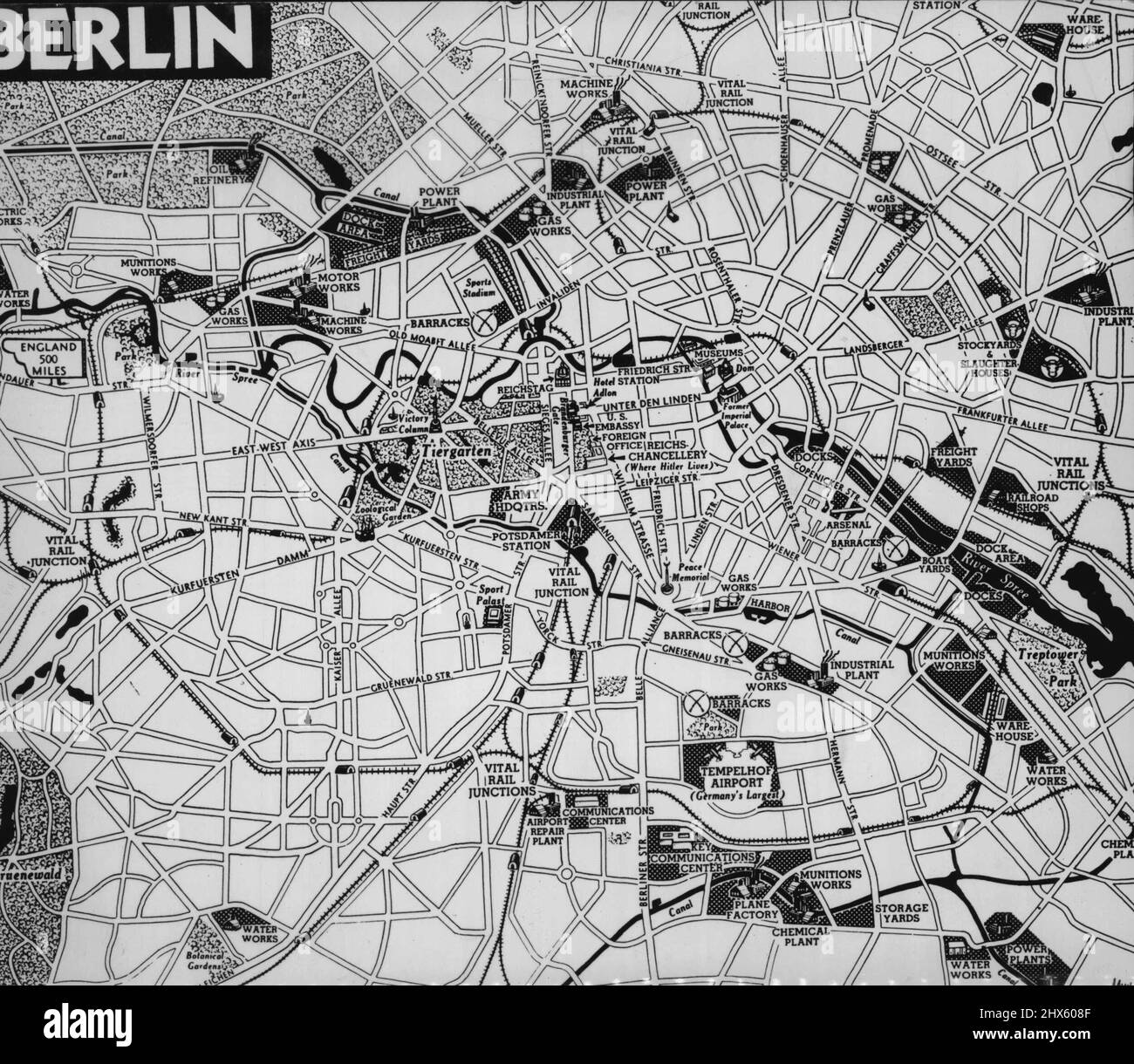 Mappa base di Berlino -- questa mappa base pre-guerra di Berlino è un servizio da utilizzare in connessione con i possibili sviluppi delle notizie. Febbraio 26, 1945. (Foto di U.S. Office of War Information Picture). ;Mappa base di Berlino -- questa mappa base pre-bellica di Berlino è un servizio da utilizzare in connessione con i possibili sviluppi delle notizie. Foto Stock