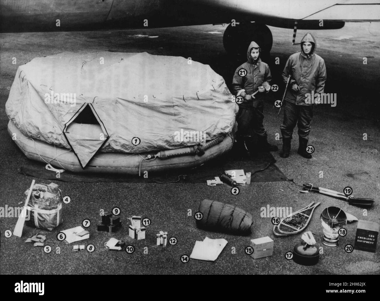 La sicurezza prima sui voli Polar Line...... L'attrezzatura di soccorso deve essere trasportata da un aereo sulla linea polare. (1) combinazione di barca e tenda per venti persone..... ogni aereo porterà tre di questi (2) materiali di riparazione per barche-tende (3) pagaia (4) trasmettitore senza fili (5) polvere di antisqualo - da spargere sull'acqua per tenere gli squali via. (6) Kit di pronto soccorso (7) Bibbia (8) attrezzatura da pesca (9) disposizioni (10) specchio di segnale, lampada tascabile, bussola (11) aggiunta chimica ad acqua salata per farlo drin Foto Stock