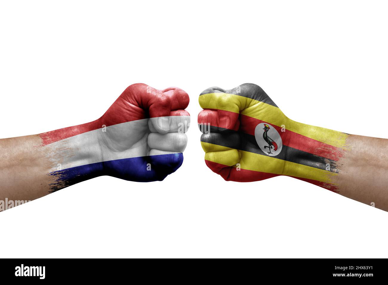 Due mani si pugno l'una all'altra su sfondo bianco. Le bandiere di paese dipinsero i pugni, concetto di crisi di conflitto tra i paesi bassi e l'uganda Foto Stock