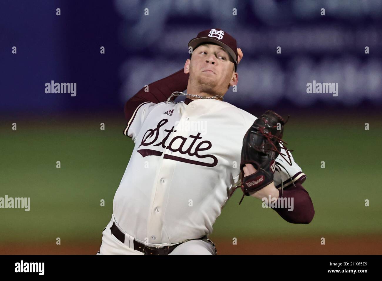 Biloxi, Mississippi, USA. 09th Mar 2022. Mississippi state Bulldogs Pitcher Mipey Tepper (39) durante la seconda partita della serie di baseball Hancock-Whitney Classic College, tra i Texas Tech Red Raiders e i Mississippi state Bulldogs all'MGM Park di Biloxi, Mississippi. Bobby McDuffie/CSM/Alamy Live News Foto Stock