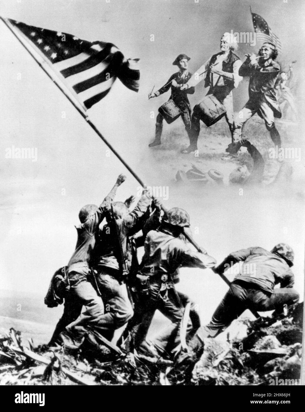 Lo Spirito del '76 Marches on -- 'La fotografia dei marines americani che piantano le stelle e le strisce in cima al monte Suribachi, Iwo Jima, dimostra che lo spirito del '76 non è perito e che il coraggio e il coraggio del soldato americano di oggi sono remeniscenti di quello del guerriero che five per la libertà nella Guerra rivoluzionaria. Per rappresentare l'analogia viene presentata una riproduzione della pittura storica e ispiratrice, 'lo Spirito del '76', di Archibald M. Willard. La fotografia della bandiera- Foto Stock