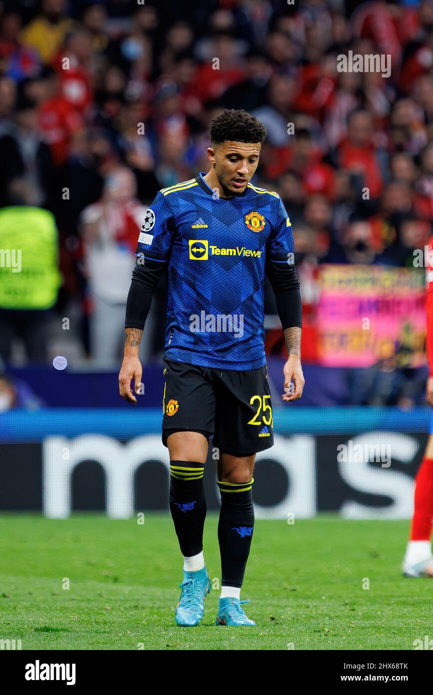 MADRID - FEB 23: Jadon Sancho in azione alla partita di Champions League tra il Club Atletico de Madrid e il Manchester United al Metropolitano Stadi Foto Stock