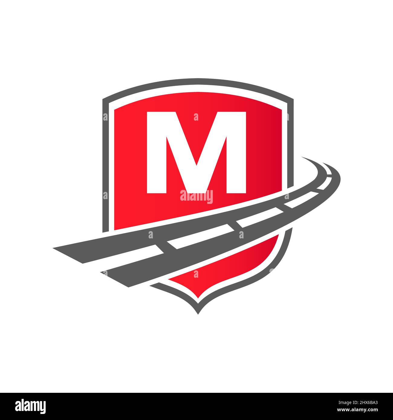 Logo per il trasporto con concetto Shield su lettera M. Modello trasporto merci M Letter Road Logo Design Illustrazione Vettoriale