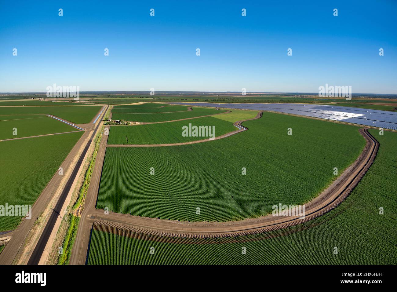 Vista aerea dei campi di coltura circolari verdi con sistema di irrigazione e pannelli solari adiacenti Foto Stock