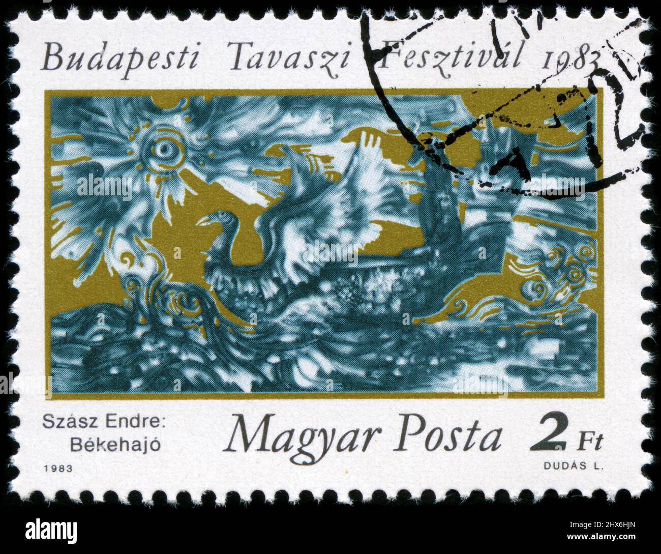 Francobollo dall'Ungheria nella serie del Festival di Primavera di Budapest del 3rd pubblicata nel 1983. Peace Ship; Pittura di Endre Szász (1926-2003) Foto Stock