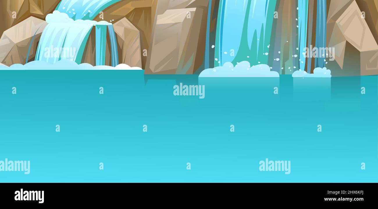 Lago in montagna. Cascata tra le rocce. La cascata fruscii verso il basso. Flusso d'acqua. Vettore. Illustrazione Vettoriale