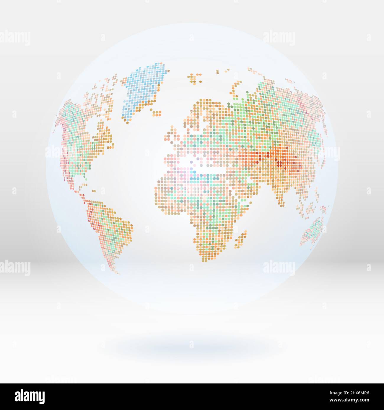 Mappa astratta del globo o del mondo situata sullo sfondo di 3D camere. Illustrazione in stile punteggiato Foto Stock