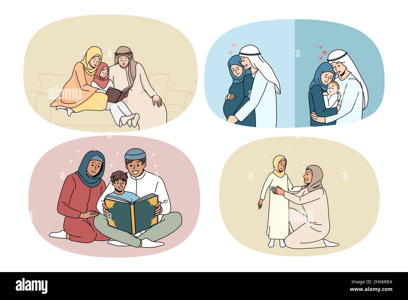 Set di famiglia araba con bambini indossare abiti tradizionali mostrare amore e cura. Collezione di genitori arabi con bambini. Religione orientale e fede. Concetto di comunità araba. Illustrazione vettoriale. Illustrazione Vettoriale
