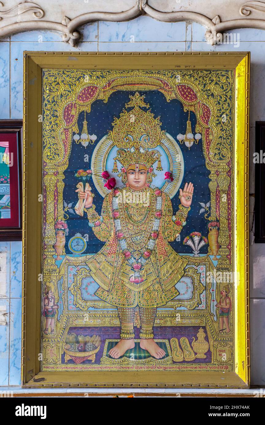 01 15 2017 Pittura d'epoca di Sahajanand Swami nel vecchio tempio di swaminarayan Ahmedabad Gujarat India. Foto Stock