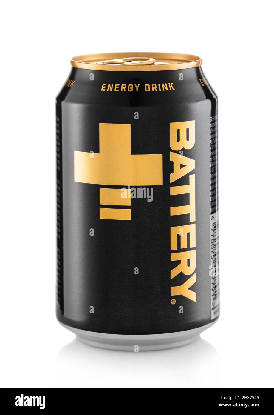 LONDRA,UK - MARZO 01,2022: Battery Plus Energy drink su sfondo bianco. Foto Stock