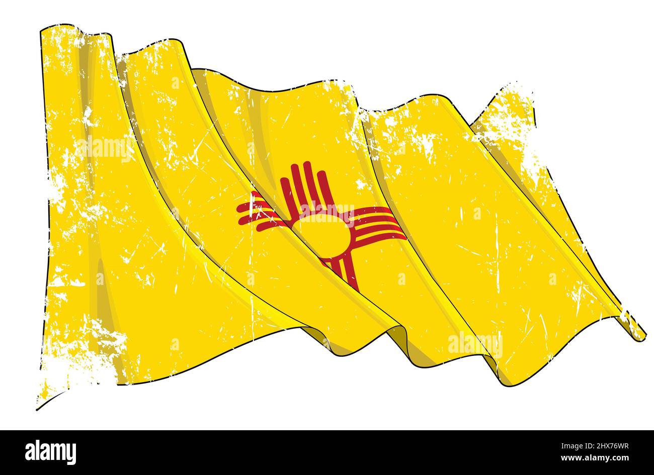 Vettore Textured Grunge illustrazione di una bandiera ondeggiante dello Stato del New Mexico. Tutti gli elementi in modo preciso su livelli e gruppi ben definiti. Foto Stock