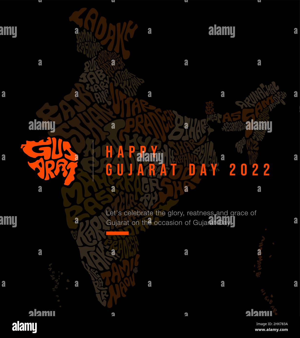 Buon giorno del Gujarat 2022 saluti con la scritta della mappa del Gujarat. gli stati indiani e la tipografia luminosa della mappa del Gujarat. Illustrazione Vettoriale