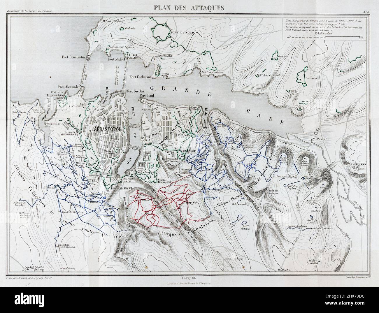 Vintage map 1867 - Plan des attaques by Charles Alexandre Fay, 1827-1903 - Crimea War, 1853-1856 - Sevastopoloides (Ucraina)--1850-1860 Foto Stock