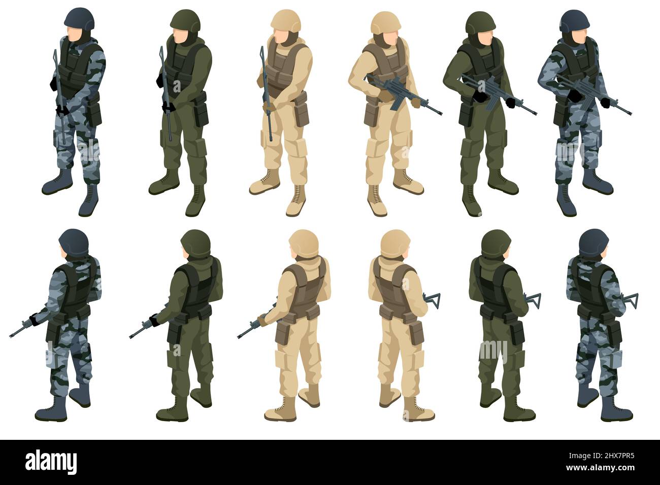 Soldato isometrico in camuffamento. Soldati con fucili d'assalto isolati su sfondo bianco Illustrazione Vettoriale